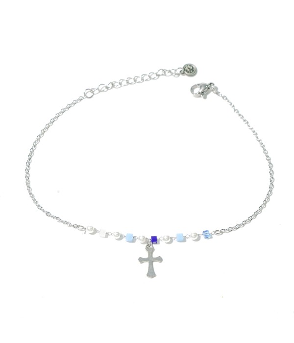 Tobillera plateada con cruz y cuentas azules