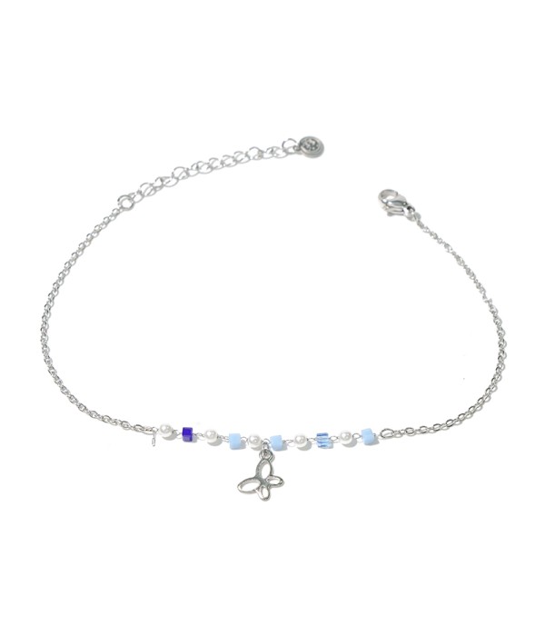 Tobillera plateada con mariposa y cuentas azules