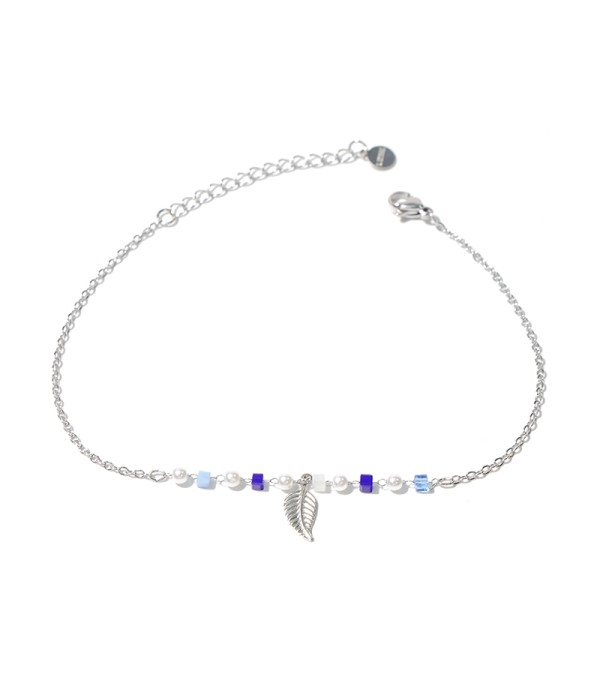 Tobillera plateada con hoja y cuentas azules