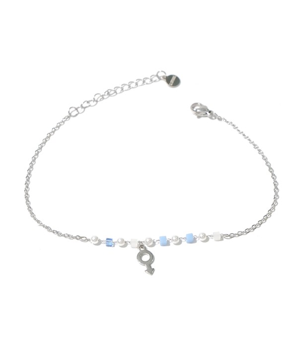 Tobillera plateada con símbolo femenino y cuentas azules