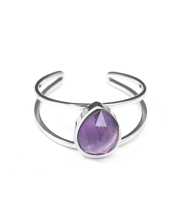 Anillo abierto plateado con piedra en forma de gota
