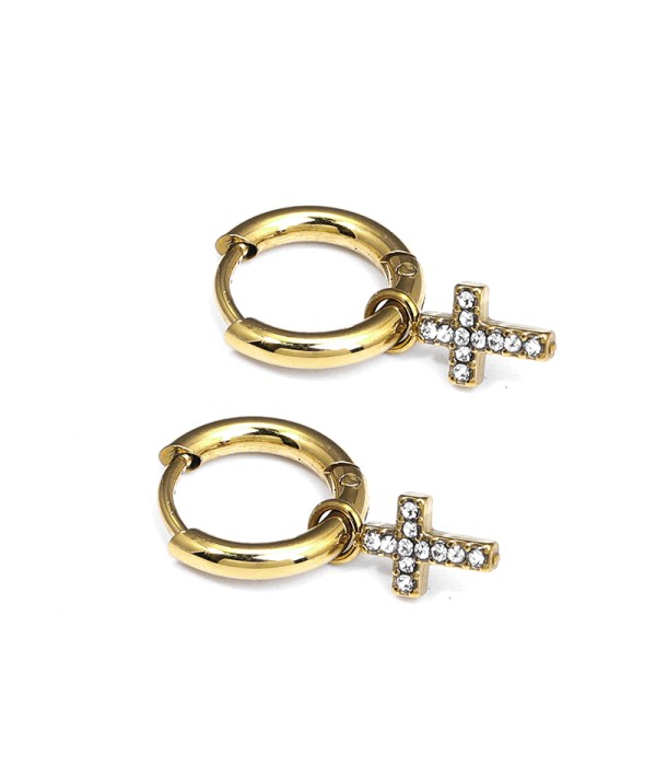 Pendientes de aros dorados con colgante cruz de circonitas