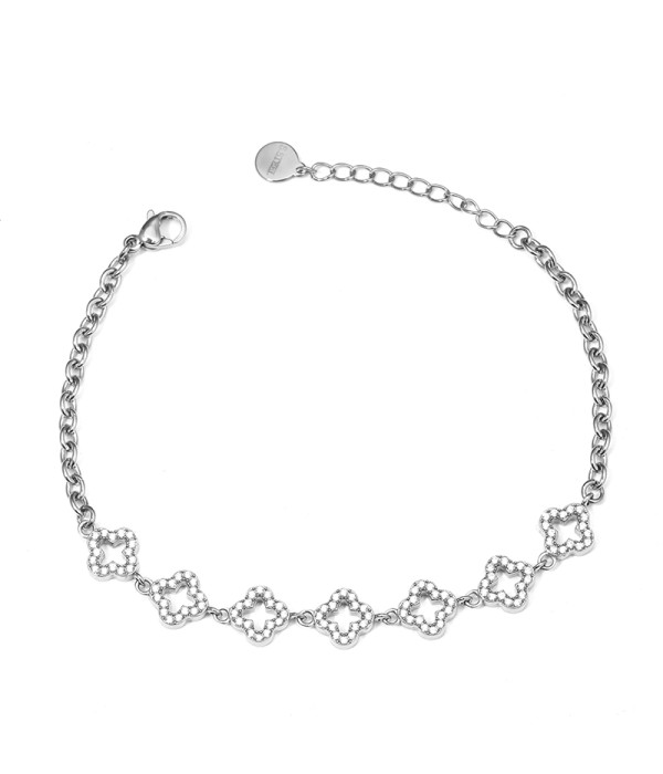 Pulsera plateada con flores geométricas y circonitas