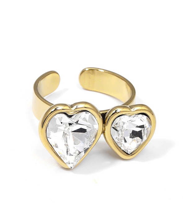 Anillo ajustable con doble corazón de cristal facetado