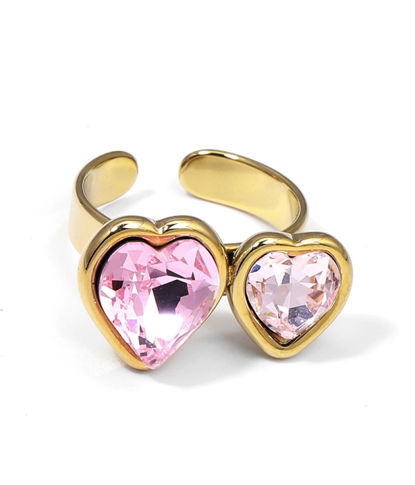 Anillo ajustable con doble corazón de cristal facetado