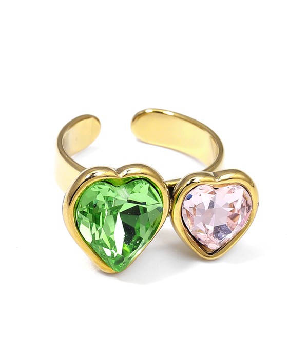 Anillo ajustable con doble corazón de cristal facetado bicolor