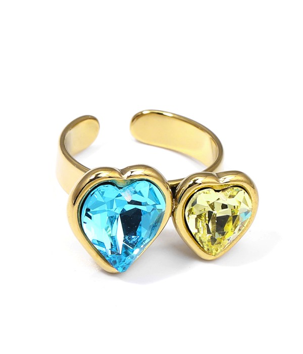Anillo ajustable con doble corazón de cristal facetado bicolor