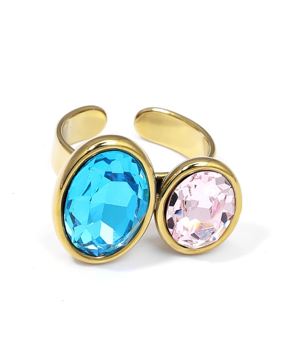 Anillo ajustable con doble óvalo de cristal facetado bicolor