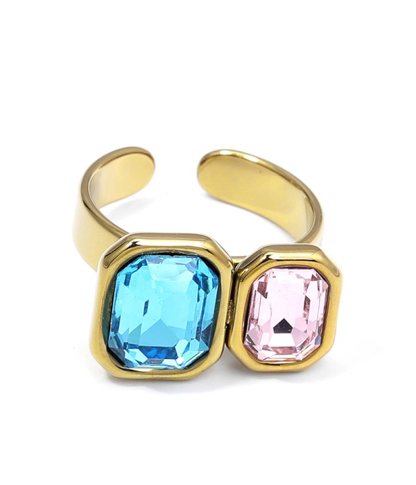 Anillo ajustable con doble cuadrados de cristal facetado bicolor