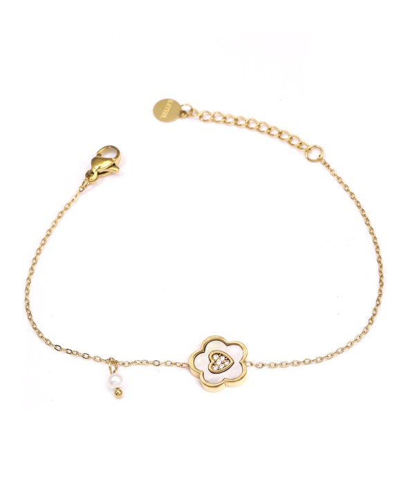 Pulsera dorada con flor y perla colgante