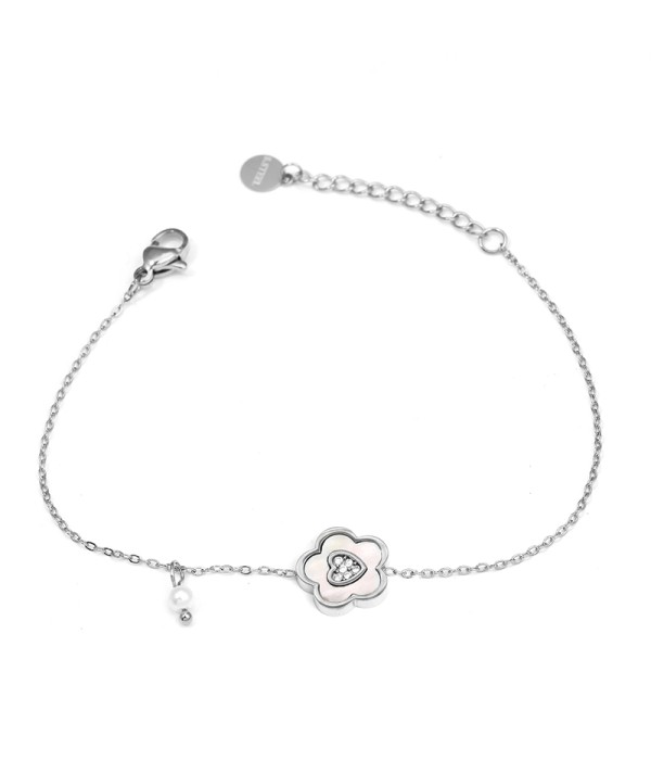 Pulsera plateada con flor y perla colgante